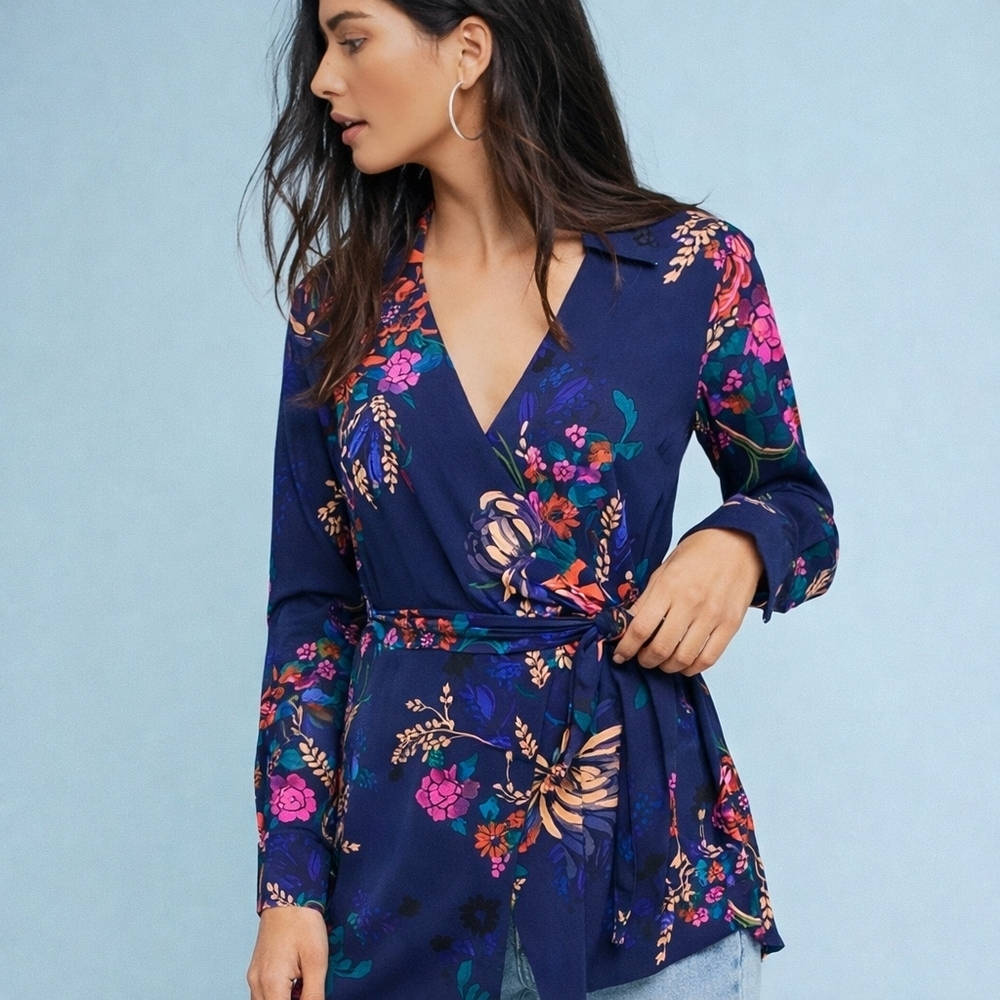 Floral Wrap Blouse - Navy with Pink & Teal Floral Print
